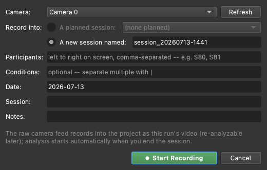 The Record Live Session dialog in the dark theme