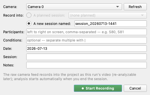 The Record Live Session dialog: camera, target run, and session metadata