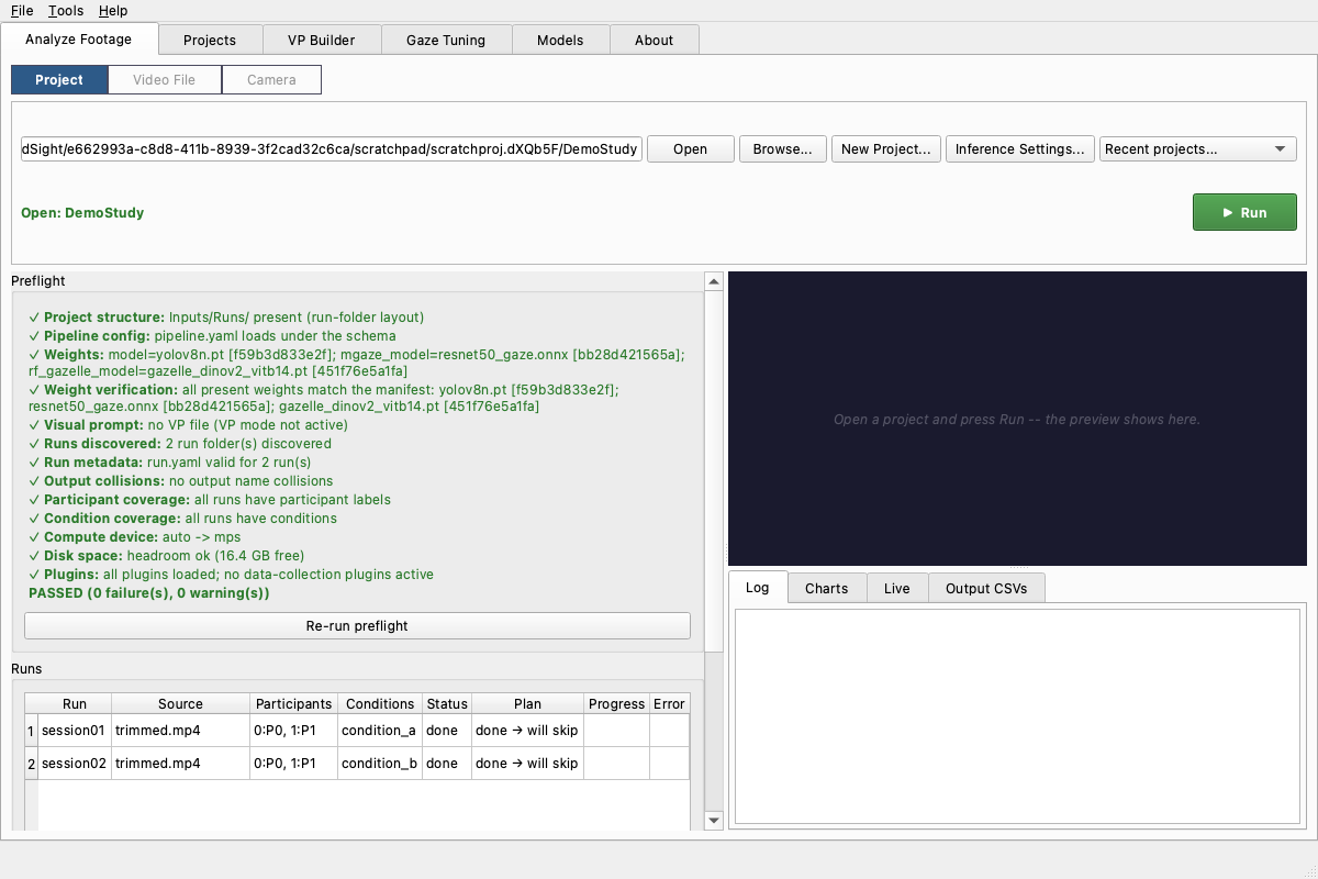 A project open with the preflight checklist passed and the runs table populated